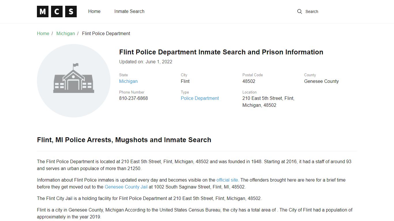Flint Police Department Inmate Search and Prison Information